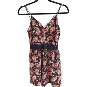 Boho Women's Faux Wrap V Neck Navy Paisley & Lace Floral Print Tank Top - M